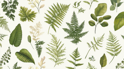 Poster - Vintage botanical wallpaper featuring detailed green leaves and ferns. This design brings natural and refreshing touch to any space