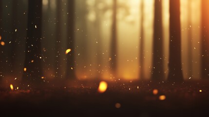 Wall Mural - a serene forest scene with warm light filtering through trees and glowing particles in the air.