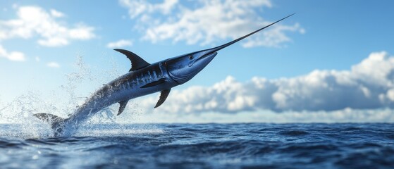 Dynamic swordfish leaping out of the ocean in bright daylight