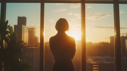 Wall Mural - A woman standing by a window, silhouetted against a beautiful sunset in an urban setting.