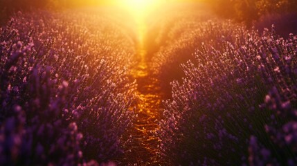 Wall Mural - Sunset path through lavender field, Provence