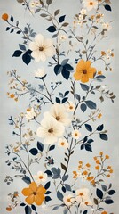 Wall Mural - Floral design with diverse colors on a light blue background showcasing blooming flowers and leaves