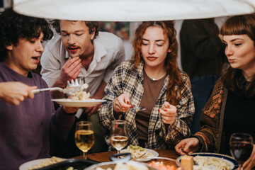 Poster - A group of young adults enjoying a homemade dinner, sharing food and laughter at a welcoming table. Warm lighting and friendly atmosphere emphasize closeness and joy of community.