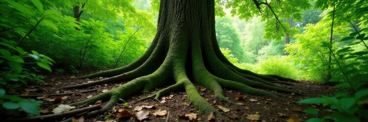 twisted tree roots unfolding beneath dense foliage, natural, nature