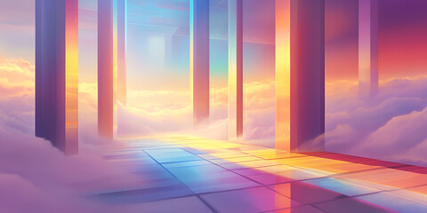 Sticker - Celestial Gateway: A surreal and dreamlike digital illustration showcasing a pathway through towering pillars, bathed in vibrant hues of  a radiant sunrise.