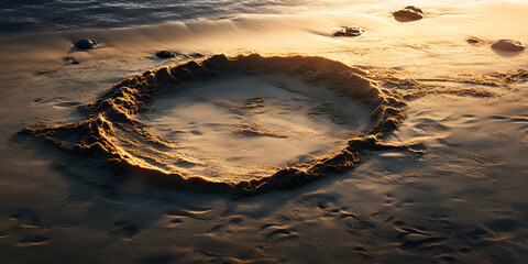 Wall Mural - Sunset Sandcastle Ring: A circular sandcastle, meticulously crafted, stands on a sun-kissed beach at sunset. The warm golden light casts long shadows, adding a touch of magic and ephemerality.