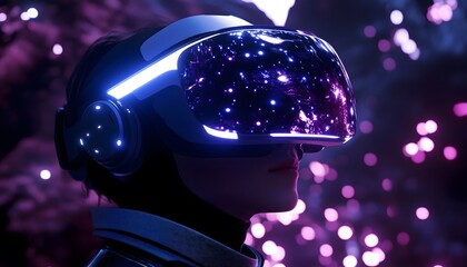 Aufkleber - Futuristic Person with High-Tech Visor Engaged in Virtual Reality Experience Surrounded by Cosmic Elements and Abstract Light Effects in a Colorful Environment
