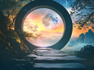 Celestial Gateway: A mysterious stone archway, illuminated by ethereal light, opens to reveal a surreal vista of a giant moon rising over a fantastical landscape.