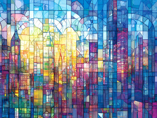 Sticker - Cityscape Through Stained Glass: A captivating abstract cityscape, viewed through a vibrant stained glass window. The sunlight streaming through creates an ethereal.