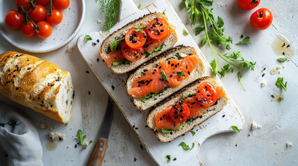 Wall Mural - Delicious open-faced sandwiches with red fish served on a shabby white board alongside fresh tomatoes and a knife in bright sunlight