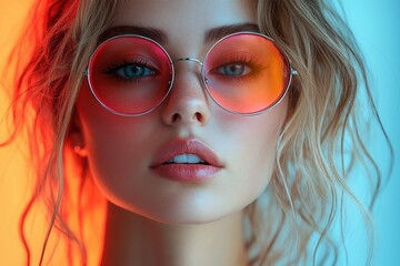 Wall Mural - Stylish young woman with round sunglasses posing under colorful lighting