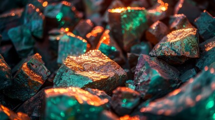 Poster - Luminous and colorful rocks are scattered across the ground, reflecting light and displaying an array of hues in a natural outdoor setting. The unique textures enhance their beauty.