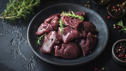 Wall Mural - Raw chicken liver arranged on a dark plate with fresh herbs and spices for culinary preparation.pork liver, beef