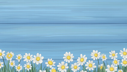 Wall Mural - Daisey floral arrangement with a wood background painted blue and copy space