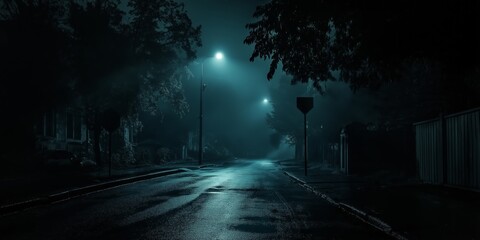 Wall Mural - A dark street with a street light and a sign