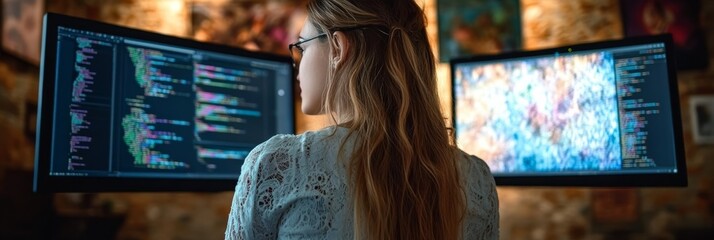 Focused Female Programmer Working Late, Developing Software On Two Monitors In Home Office