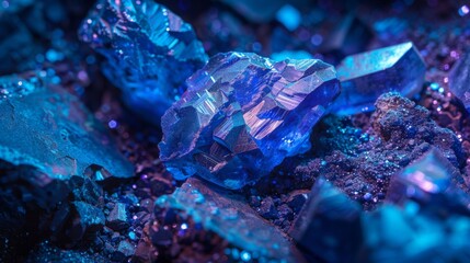 Poster - Glimmering blue crystals cluster together, their sharp edges capturing light and creating a striking visual effect. The surrounding darkness enhances their vibrant hues, revealing intricate patterns.