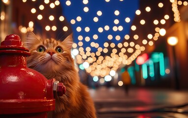 Poster - A fluffy orange cat gazes upwards beside a red fire hydrant, with twinkling lights illuminating the street at night.