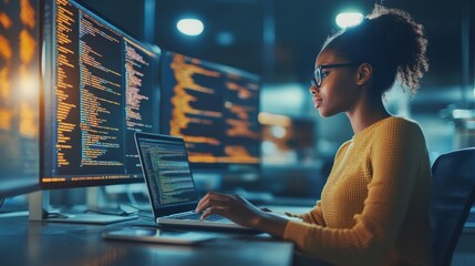 Focused coder works late; screens glow; office background; tech job