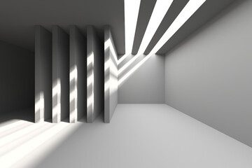 Modern minimalist interior with dynamic light and shadows. 3d render