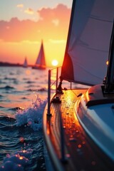 Wall Mural - Glittering droplets on a sailboat's bow at sunset, sailing, boats