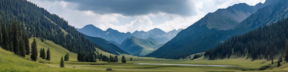 Wall Mural - A mountain range with a valley in between. The valley is lush and green, with a river running through it. The sky is cloudy, giving the scene a moody and serene atmosphere