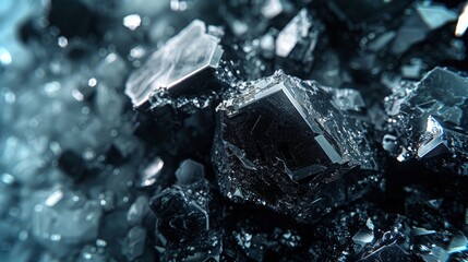 Fototapete - Glistening black crystals scatter light in a dark, rocky setting. Their sharp geometrical shapes and rich textures create an intriguing and mesmerizing visual effect that captures attention.