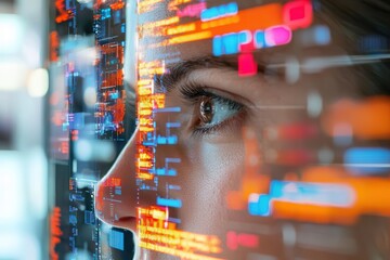 digital transformation for the future of adaptation close-up of a person's face with digital code ov