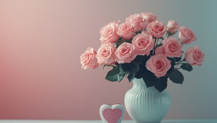 Wall Mural - Pink roses in a white vase with a heart shaped decoration on a pastel background