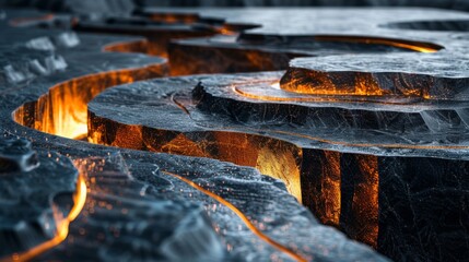 Leinwandbilder - Glowing lava flows create a striking contrast against dark textured rocks in a breathtaking underground setting, showcasing nature's raw power in an awe inspiring display.