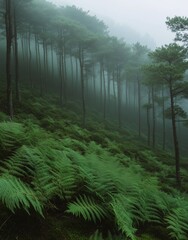 Wall Mural - Lush green ferns in a misty forest during early morning hours