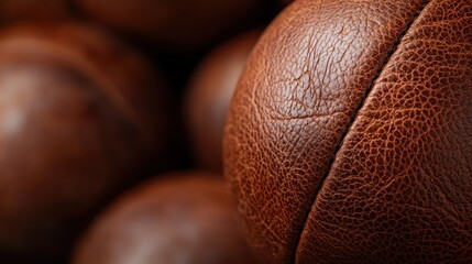 The image captures a close-up of multiple round brown basketballs, showcasing their rich textures and colors against a blurred background emphasizing their presence.