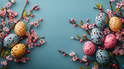 Wall Mural - Colorful Easter eggs surrounded by cherry blossoms on a blue background for spring celebration