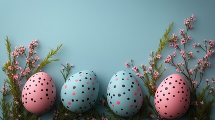 Wall Mural - Colorful decorated eggs surrounded by flowers on a pastel blue background for Easter celebration