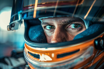 Wall Mural - Professional racing team lineup in helmets and gear, showcasing unity and determination in motorsport, generative AI