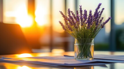 Wall Mural - Close-up of a business meeting table with fresh lavender at sunset. Generative AI