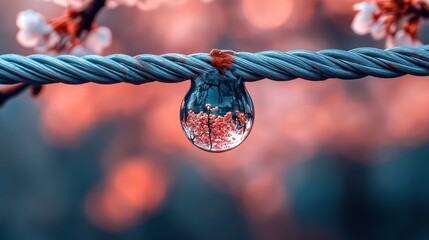 Wall Mural - Dewdrop on steel cable reflects blooming cherry tree in blurred background. Generative AI