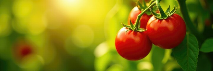 Wall Mural - Organic tomatoes on the vine with plenty of sunlight, flowers, sun