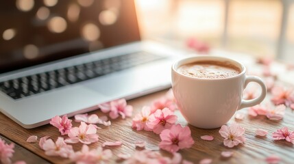 Wall Mural - Warm coffee cup surrounded by cherry blossoms on a wooden desk. Generative AI