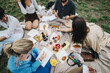 © qunica.com - A group of friends gather on a lawn for a cheerful picnic, sharing food and engaging in creative activities. Their togetherness exudes joy and relaxation, surrounded by nature's beauty.