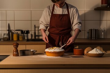 Sticker - Chef preparing a delightful cake in a modern kitchen