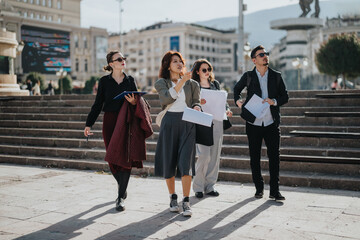 Wall Mural - A group of business people walking outside in a city, carrying documents and engaging in discussion. The scene reflects teamwork and a collaborative atmosphere in an urban setting.