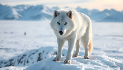  a white wolf standing on top of snow covered ground