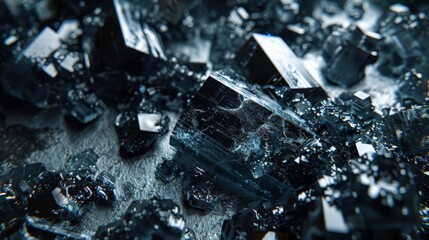 Fototapete - Dark mineral crystals are scattered across a textured surface, catching light in unique ways and showcasing their geometric shapes and color variations.