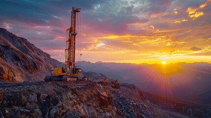 Leinwandbilder - A drilling machine works diligently on rocky terrain as the sun sets behind majestic mountains, casting colorful hues across the sky and highlighting the contrast between nature and industry.
