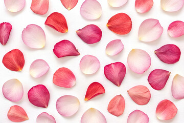 Poster - A vibrant arrangement of pink and white rose petals scattered on a clean background, showcasing their delicate textures and colors.