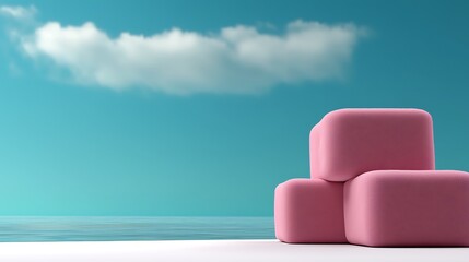 Poster - Pink geometric shapes stacked on a serene beach with a clear blue sky and distant clouds