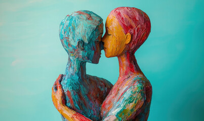 Two colorful abstract figures embrace, symbolizing unity and harmony against turquoise background. vibrant brushstrokes create sense of connection and emotion between figures