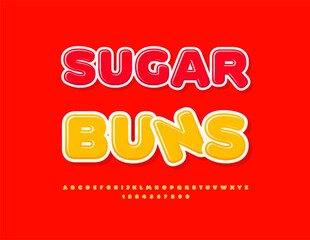 Wall Mural - Vector Delicious label Sugar Buns for Bakery Cafe and Shop. Artistic Yellow Font. Glossy Alphabet Letters and Numbers set.