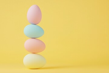 Wall Mural - four pastel colored easter eggs balancing on top of each other against a vibrant yellow background c